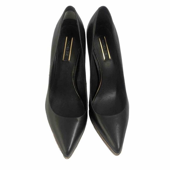 Rachel Zoe Heels Size 9 Black Leather Pointed Stiletto Pump gold trim - Picture 11 of 14